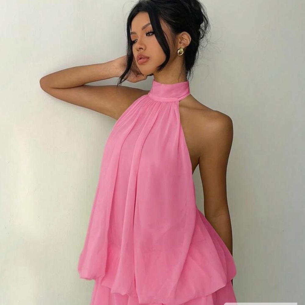 Pink Halter Chiffon Layered Mini Dress/ romper - Picture 7 of 8